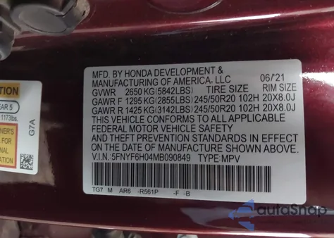 2021 Honda Pilot Awd Elite из США, поврежденный, VIN 5FNYF6H04MB090849